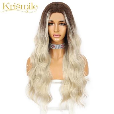 China Krismile Long Medium Wavy Medium Wave Hair Balayage Ombre Regular Synthetic Blonde Highlight Lace Front Wig For Women Daily High Temperature for sale