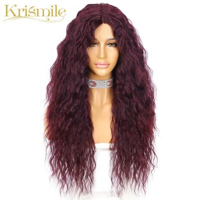 China Krismile Synthetic Kinky Curly T-Part Wigs 39# Burgundy Lace Middle Curly Long Parting High Temperature Hair For Women Daily Wear 26