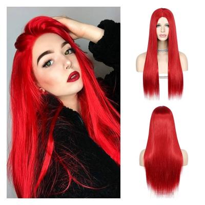 China Good Quality Body Wave None Lace Up Synthetic Hair Wigs For Color Women Red Wig Natural Looking Full Lace Fiber Wig for sale