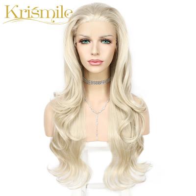 China Krismile Straight Synthetic Ash White Long Natural Wave Lace Wigs High Temperature For Women Daily Pre Plucked Hairline Cosplay Party for sale