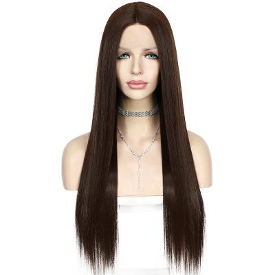 China Cheap Fast Shipping Dark Brown Silk Straight Wave T-Part Synthetic Futura Lace Front Wigs Christmas Wig For Women for sale