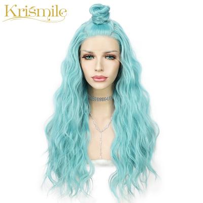 China Long Regular Wave Lace Front Wigs Light Blue Color Synthetic Water Wave Hair For Women Party Cosplay Clog Queen Daily High Temperature for sale