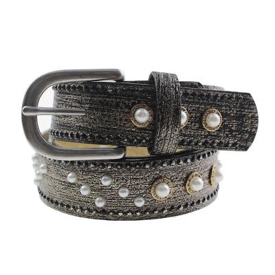 China Fashion.Casual Gaohui factory outlet women leather belts brands brown lady pearl studded belt for sale