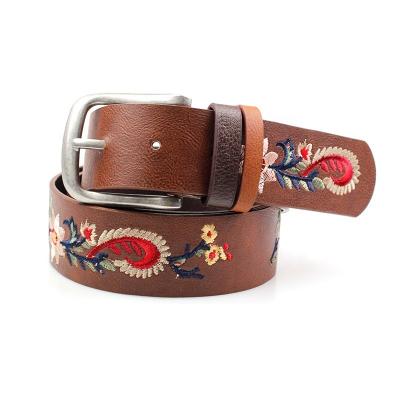 China Fashion factory price custom flower embroidered leather belt for lady for sale