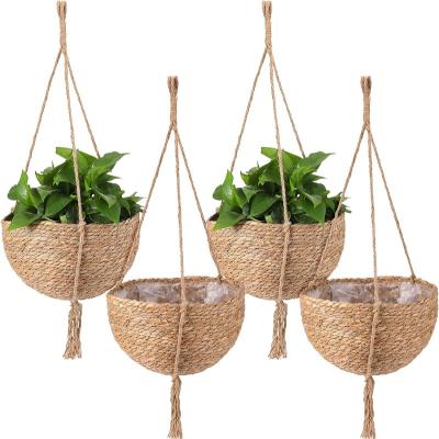 China American Style 4 Pieces Hanging Planter Basket Set Jute Rope Plant Hangers Hand - Storage Woven Flower Pot With Waterproof Plastic Liner Indoor for sale