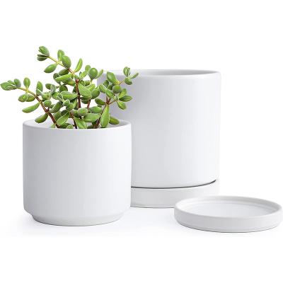 China American Style Small Plant Pots Ceramic Planter Pot Set, 4.6 Inch And 6 Inch For Plants With Drainage Hole And Saucer, White for sale