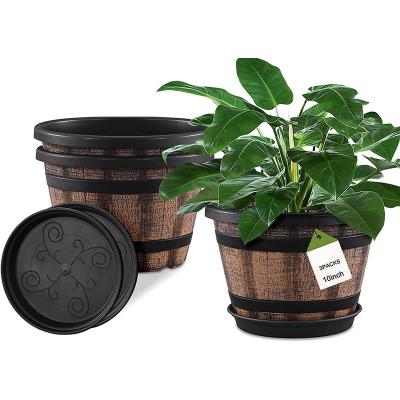 China American Style Plant Pots Whiskey Barrel Planters with Drainage Holes Wine Barrel Design and Saucer.Plastic Decoration Flower Pots for sale