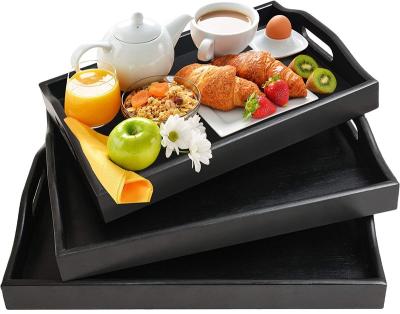 China Sustainable Serving Tray with Handles - Wooden Bamboo Trays for Food Breakfast Party, Tea Coffee Table Ottoman Decor Set of 3 (Black) for sale