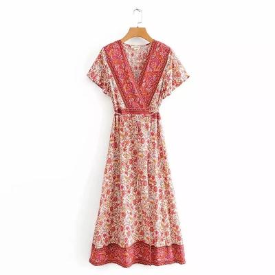 China Fashion Women's Daily V-Neck Dress Wrap Dresses Cotton Long Dresses Female Sexy One-Line Human Floral Anti-Static V-Neck ware001dEEP for sale