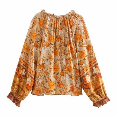 China High Quality Custom Made Soft Shirt O Neck Floral Print Anti-Wrinkle Women Clothing Loose Wholesale Lady Blouse for sale