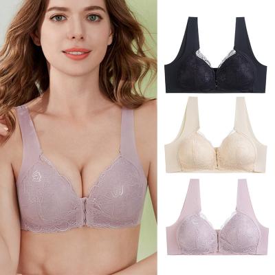 China Viable Sexy Women's V-Neck Lace Front Button Bra Plus Size Pump Cup Lace Bra Ladies Thin Underwear for sale