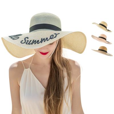 China French Romantic Letter Woven Straw Hat Beach Umbrella Photo Verified Women's Large Brim Sun Hat Modeling With Big Hat for sale