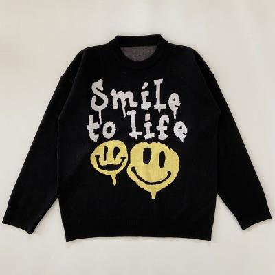 China QYOURECLO Breathable Custom Street Logo OEM Smiley Jacquard Plain Crew Neck Unisex Knitted Sweater Hip Hop for sale