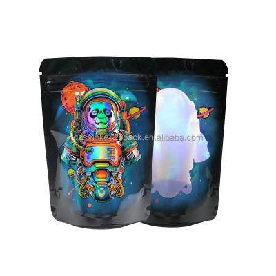 China Best Disposable Selling Resealable Holographic Foil Bolsas Dispensary Clear Gloss Space Panda Front Custom Printed 7g Mylar Bags for sale