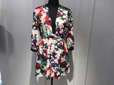 China Adults Long Sleeve Floral Print Ladies Tops Blouses With Sexy Deep V Neck OEM for sale