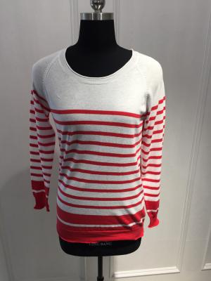 China Combed Cotton Stripe Ladies Pullover Sweaters Long Sleeve Round Neck 12 Gauge Knitted for sale