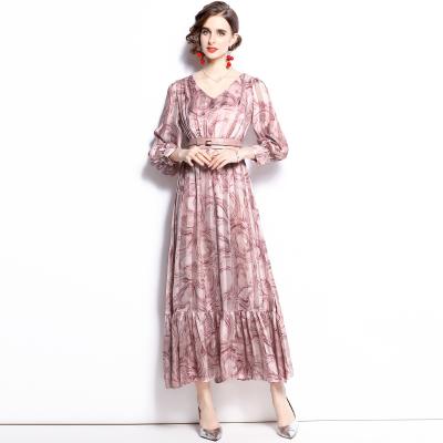 China Y605# V-neck temperament office style casual dresses high quality floral satin anti-static anti-static printed silky dress with free belt for sale