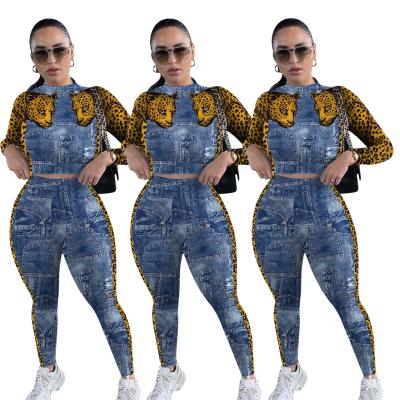 China S0008# Casual Print Two-piece Suit QUICK DRY Denim Spliced ​​Two Piece Pants Sets New Women Jeans Sets Two Pieces for sale