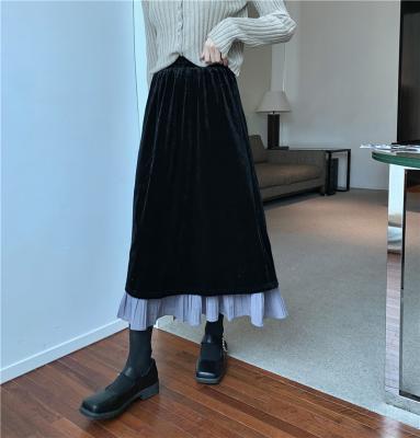 China Plus size quilting a line plus size Y157# autumn and winter fashion women gold velvet skirt female mid length high waist pleated retro long skirts for sale