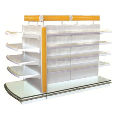 China Metal Glass Acrylic Supermarket Panel Logo Shelf RH-HSXH04 Double Sided Lightweight Cosmetic Shelving for sale