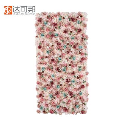 China Hot Sale High Quality Silk Red Rose Layout Silk Simulation Hot Sale Wedding Stage Wall Cloth Flower Panel Stage Decoration Background Artificial Flower Silk Wall for sale