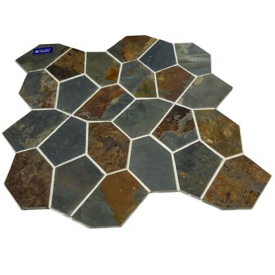 China Traditional Natural Slate Tumbled Mesh Mounted Rusty Patios And Random Walkway Paving Tiles Slab Pavers For Flooring for sale