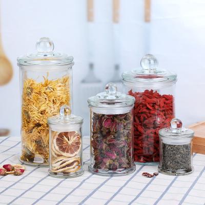 China Multi-Function Sealed Glass Storage Jar Candy Tea Coffee Clear Cereal Beans Spice Jar With Glass Cover for sale