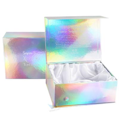 China Custom Materials Reused Logo Luxury Rigid Magnet Closure Fin Printing Holographic Satin Insert Gift Packaging Paper Box for sale