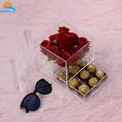 China Luxury Clear Square Acrylic Flower Display NAXLAI Perspex Roses Flower Box with Drawer for Rose and Chocolate for sale