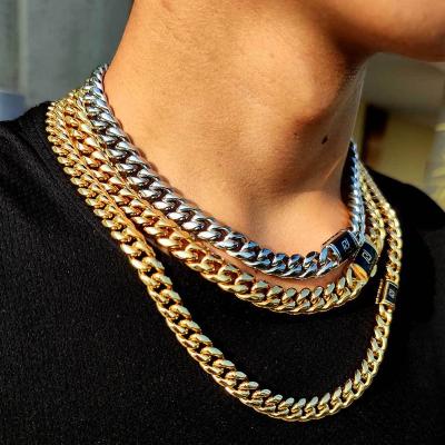 China Fashion Miami Custom Made Hip Hop Big Titanium Thick Cuban Link For Men Gold Plated Stainless Steel Jewelry Chain Necklace for sale