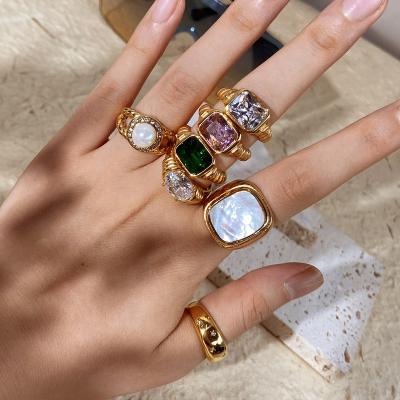 China Exquisite Colorful CZ Zircon Stainless Steel Appreance 18K Gold Zircon Stacking Waterproof Chunky Rings Wedding Bridal Jewelry For Women for sale