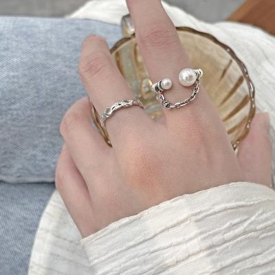 China New Vintage Designer 925 Pearl Chain Ring Love Heart Adjustable Open Ring for sale