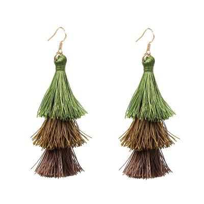 China Durable Vintage Style Gold Crochet Green Gray Fringe Earrings Triple Layer Bohemian Tassel Earrings For Girls for sale