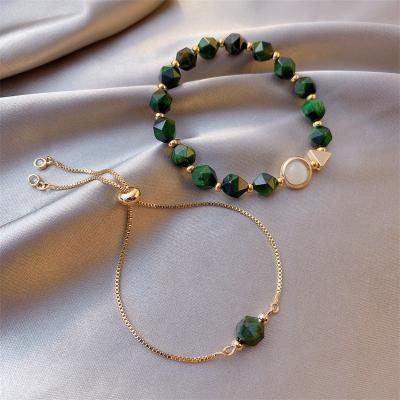 China 2021 Environmental Friendly Korean Green Beaded Bracelet Crystal Alloy Artificial Gem Adjustable Bracelet for sale