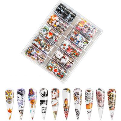 China Nail Foil Sticker Halloween Pumpkin Nail Decals Transfer Paper Nail Art Slider Adhesive Halloween Nail Foils for sale