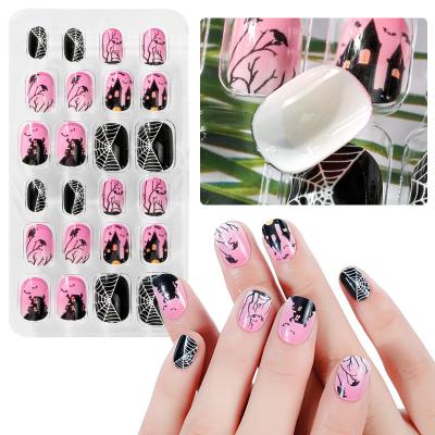 China Nail tips; 24PCS Artificial Halloween Fire Tips Cartoon Children Fake Pink Nail Tips Kids Holiday Child Press On Nails for sale