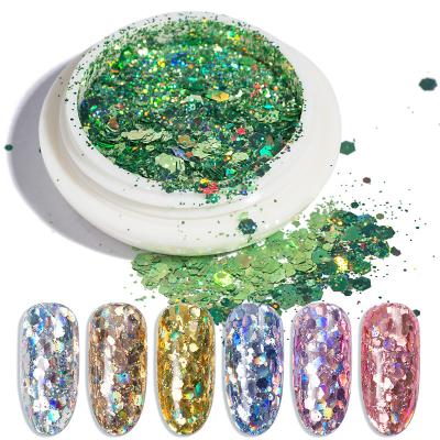 China Nail art decorations; holographic nail glitter flake laser mix files hexagon nail glitter glitter with white jar for sale