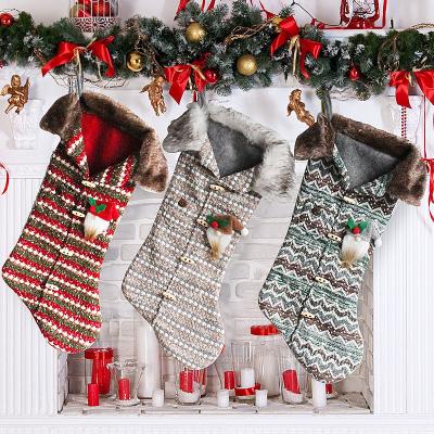 China Cute Santa Snowman Reindeer Patterns Gray Christmas Stocking Eco-Friendly Wholesale Plush Plaid Products In Bulk for sale