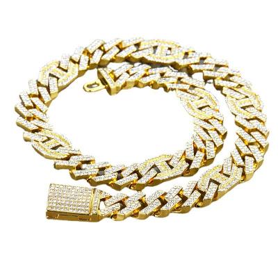 China Hiphop Chain Bracelet Jewelry 18k Thick Gold Plated Rhinestone 15mm Hip Hop Cuban Link Iced Out Necklace for sale