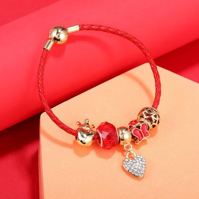 China New Fashion Jewelry Yiwu Environmental Friendly Bracelet Charms Crown Heart Red Leather Hollow Pendant Beaded Bracelets For Kids Gift for sale