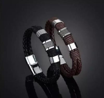 China Stainless Steel CLASSIC STEEL Braided Leather Bracelet For Men Slap Bracelet Magnetic Clasp 7.5-8.5 Inches for sale