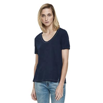 China Cheap Price Women Anti-pilling Blank Relaxed Fitted Contrast Stitching V Neck T-Shirts for sale