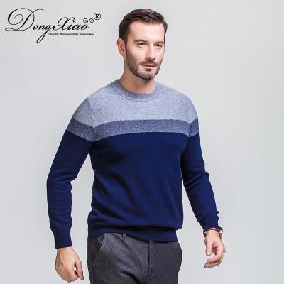 China Blue Gradient Color Anti-pilling Stripes 100% Wool Round Neck Mens Pullover Sweater for sale