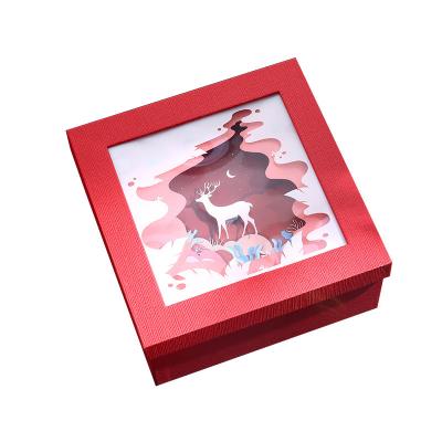 China Recyclable Christmas Gift Paper Box Packaging With Wooden Carved 3d Deer Inside Gift Wrapping Box Square 21.5*21.5*9.5cm for sale