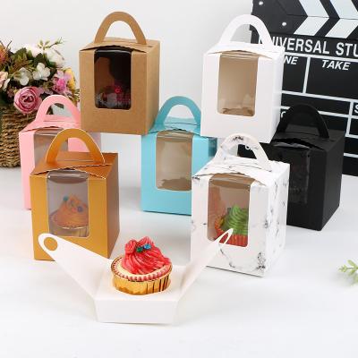 China Recycled Materials Paper Box With Transparent Clear Window Handle Cake Cup Muffin Packing Box Portable Paper Box for sale