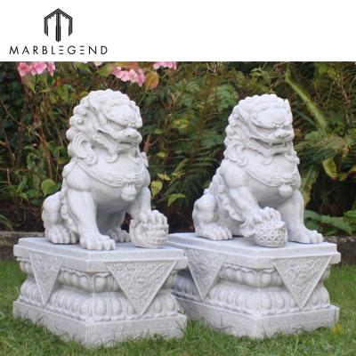 China Traditional Hand Carved Natural Chinese White Marble Surface Stone Foo Dogs for sale