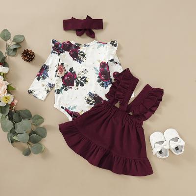 China COTTON Babies Summer Clothing Set Toddler Girl Long Sleeves Rose Print Blouse Suspenders Skirt Set for sale