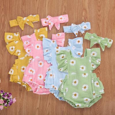 China Casual Babies Daisy Playsuits Ruffled Bodysuit +Headband 2pcs Sets Floral Print Fly Sleeve Romper Overalls Summer Infant Clothes for sale