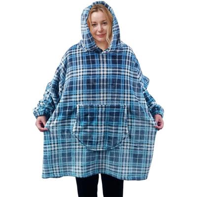 China Wearable Blanket Sweatshirt Hoodie Fleece Flannel Wearable Blanket With Large Front Pocket Blue Stripe for sale