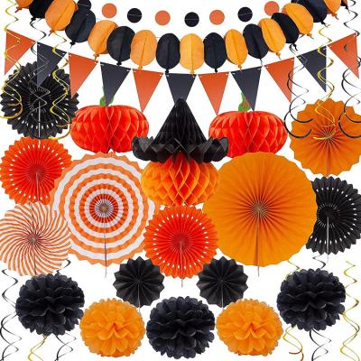 China Halloween party wall sticker set Halloween Party Decoration Festival Set 33pcs Birthday Bunting Paper Pom Poms Supplies Garland Hanging Honeycomb Balls Suitable for sale